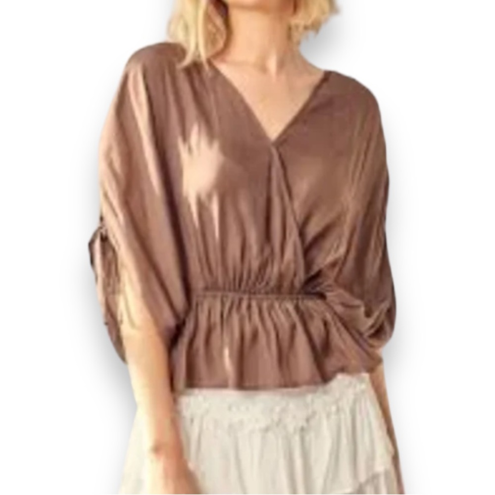 JOIE Olive Green V-Neck Ruched Sleeve Satin Peplum Blouse Small